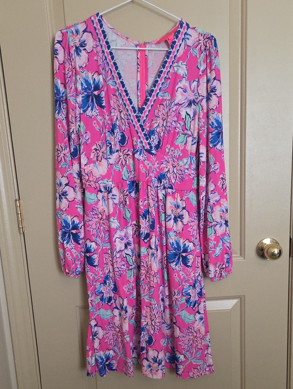Lilly Pulitzer Pink Blue Floral V-Neck Long Sleeve Dress
